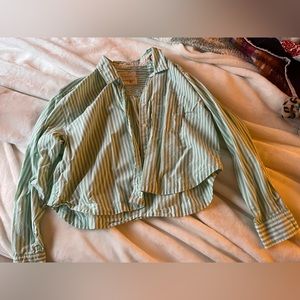 Size Medium American Eagle mint green and white striped cropped flannel